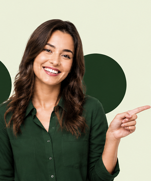 Woman pointing toward the contact banner